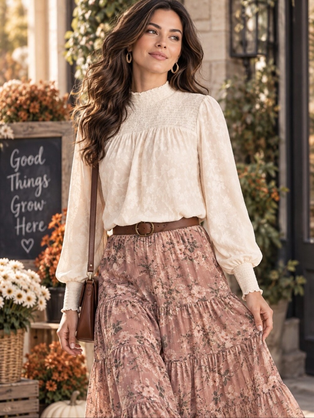 Cream Tonal Floral Blouse Smocked Poet Yoke Romantic Boho Cottagecore Sz L